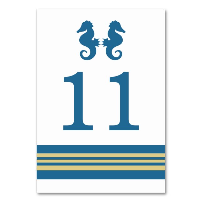 Blue Gold Nautic Seepferd Table Card Tischnummer (Vorderseite)