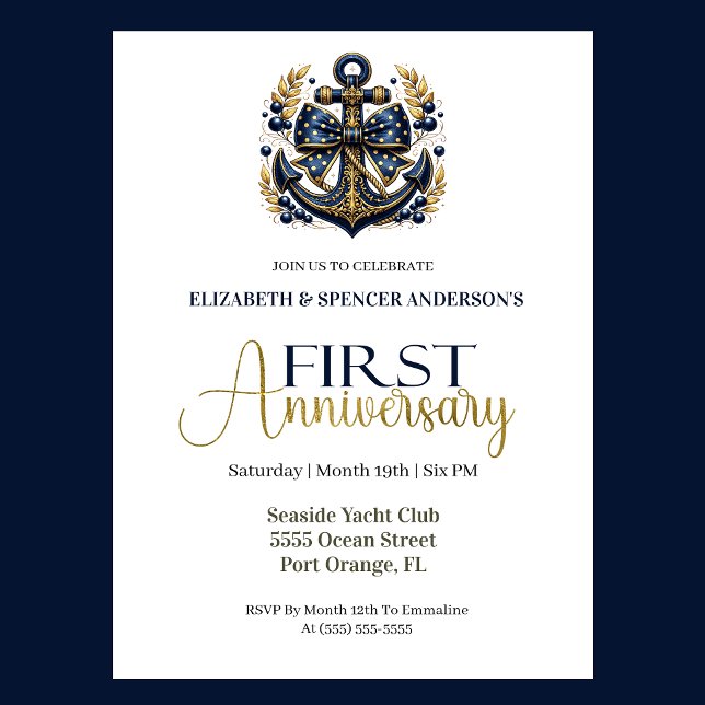 Blue Gold Nautical Anchor 1st Wedding Anniversary Einladung (Navy blue and gold nautical anchor 1st wedding anniversary invitation with elegant coastal theme
)