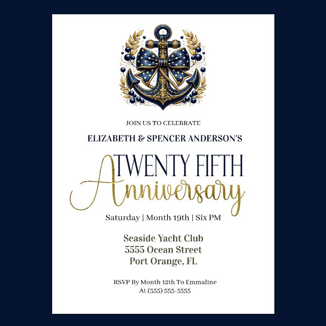 Blue Gold Nautical Anchor 25th Wedding Anniversary Einladung (Navy blue and gold nautical anchor 25th wedding anniversary invitation with elegant coastal theme
)
