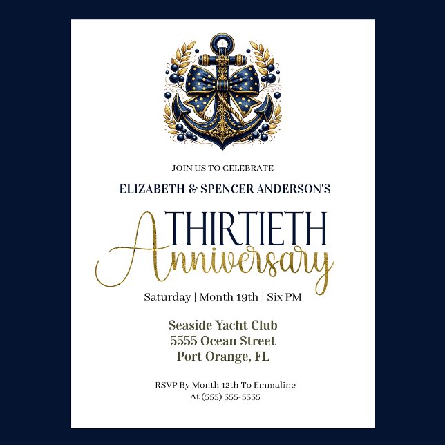 Blue Gold Nautical Anchor 30th Wedding Anniversary Einladung (Navy blue and gold nautical anchor 30th wedding anniversary invitation with elegant coastal theme
)