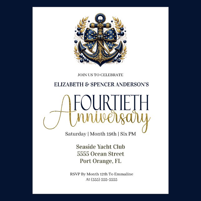 Blue Gold Nautical Anchor 40th Wedding Anniversary Einladung (Navy and gold nautical anchor 40th wedding invitation for girl seaside yacht club theme)