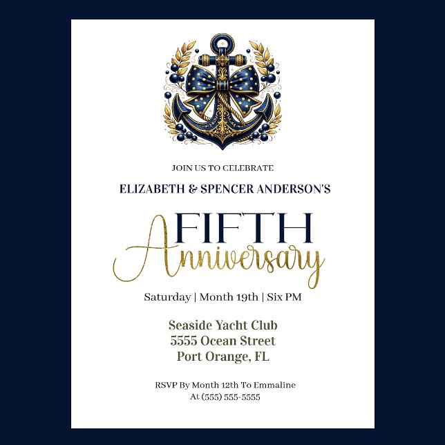 Blue Gold Nautical Anchor 5th Wedding Anniversary Einladung (Navy blue and gold nautical anchor 5th wedding anniversary invitation with elegant coastal theme
)