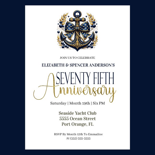Blue Gold Nautical Anchor 75th Wedding Anniversary Einladung (Navy and gold nautical anchor 75th wedding invitation for girl seaside yacht club theme
)