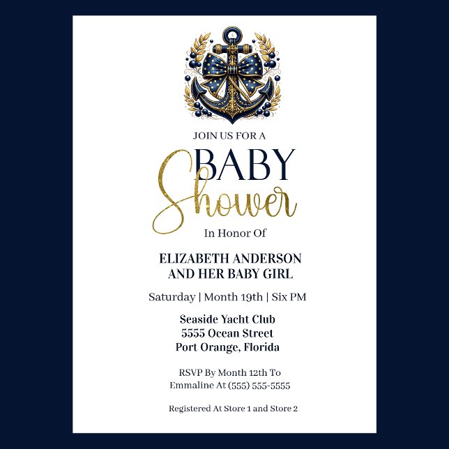 Blue Gold Nautical Anchor Boy Baby Shower Einladung (Navy and gold nautical anchor baby shower invitation for girl seaside yacht club theme
)