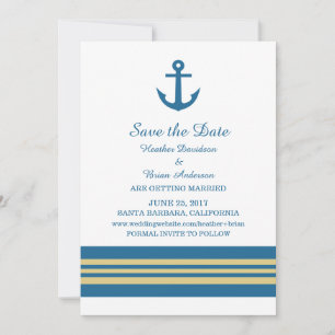 Blue Gold Nautical Anchor Save the Date einladen Einladung