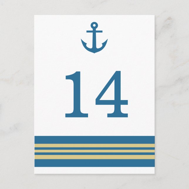 Blue Gold Nautical Anchor Tischnummer Postkarte (Vorderseite)