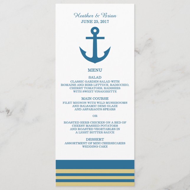 Blue Gold Nautical Anchor Wedding Menu Menükarte (Vorderseite)