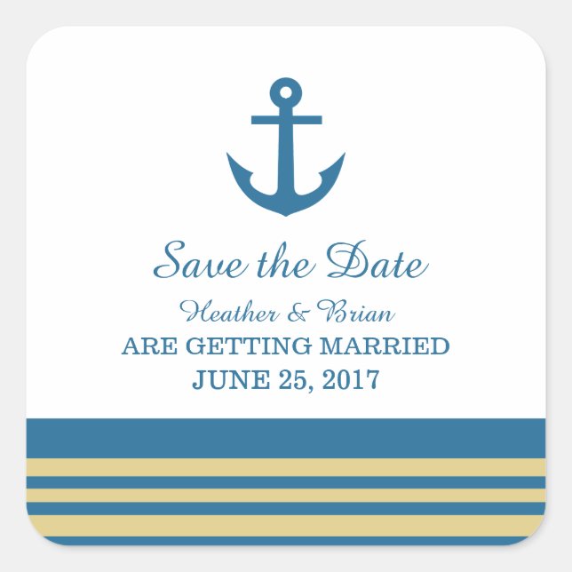 Blue Gold Nautical Anker Save the Date Stickers (Vorderseite)