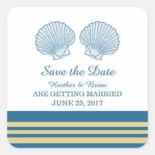 Blue Gold Nautical Seashells Save the Date Quadratischer Aufkleber