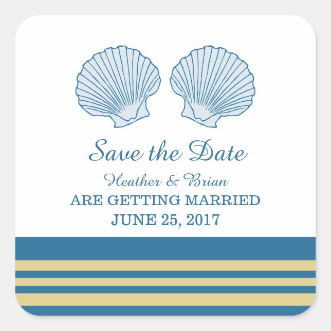 Blue Gold Nautical Seashells Save the Date Quadratischer Aufkleber (Vorderseite)