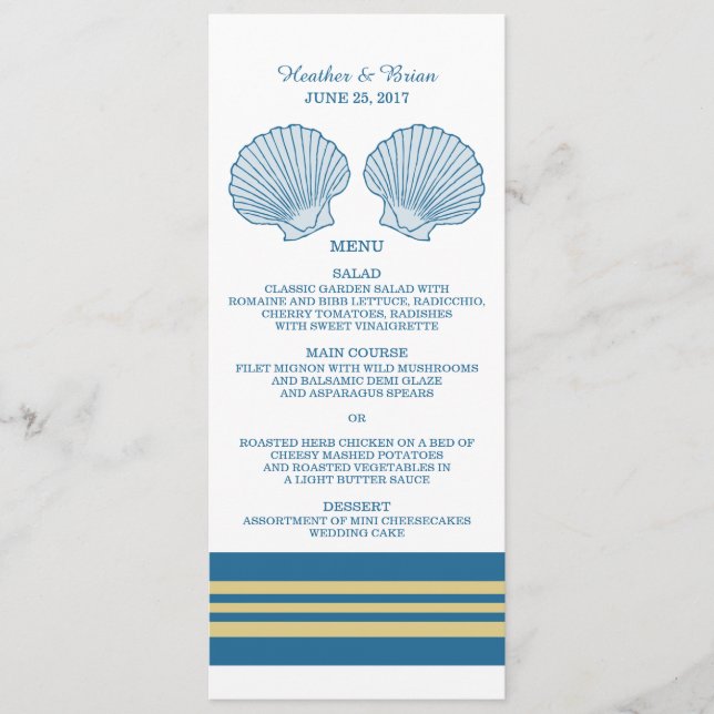 Blue Gold Nautical Seashells Wedding Menu Menükarte (Vorderseite)