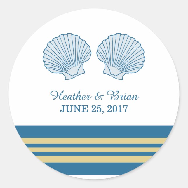 Blue Gold Nautical Seashells Wedding Stickers (Vorderseite)
