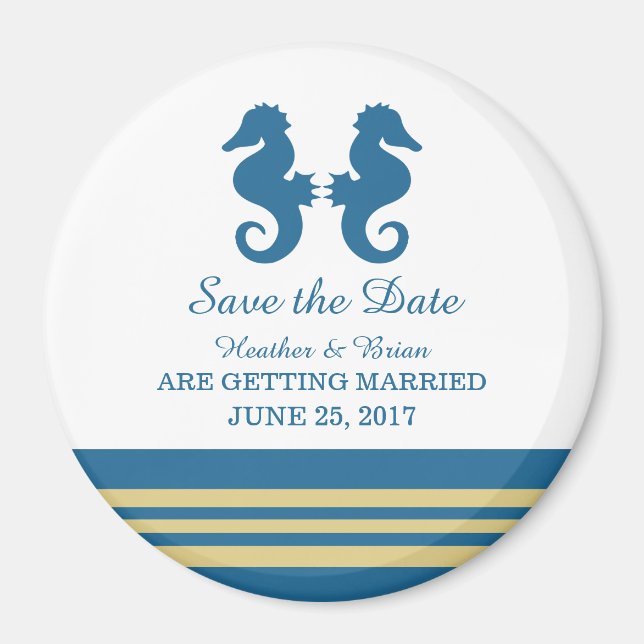 Blue Gold Nautical Seepferd Speichern Sie das Date Magnet (Vorne)