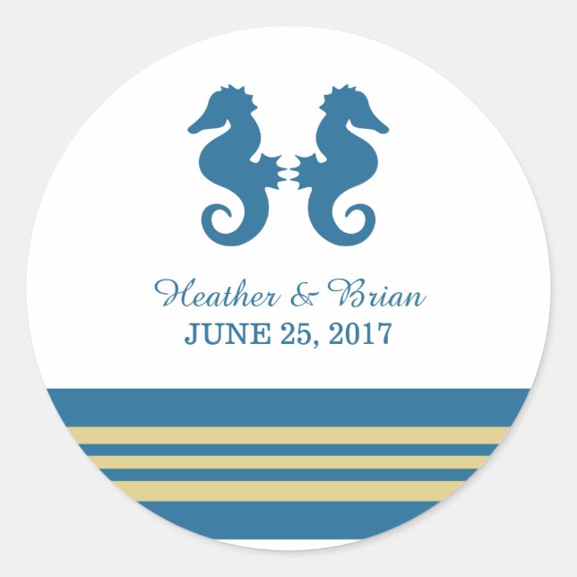 Blue Gold Nautical Seepferd Wedding Stickers (Vorderseite)