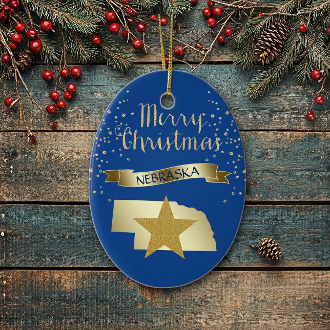 Blue Gold Nebraska Star Keramik Ornament (Von Creator hochgeladen)