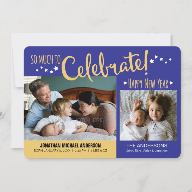 Blue & Gold New Years Foto Baby Boy Ankündigung (Vorderseite)