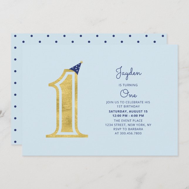 Blue & Gold | Niedlich Moderner Junge 1. Geburtsta Einladung (Vorne/Hinten)