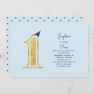 Blue & Gold | Niedlich Moderner Junge 1. Geburtsta Einladung