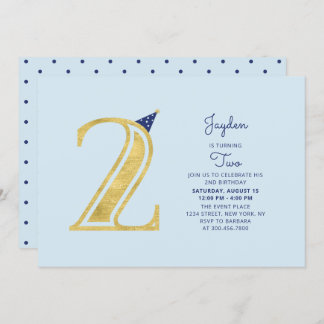 Blue & Gold | Niedlich Moderner Junge 2. Geburtsta Einladung