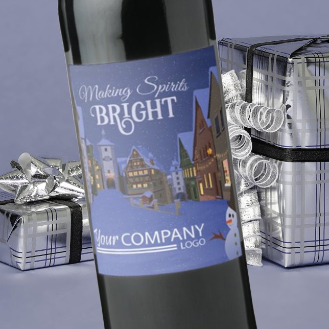 Blue, Gold Nighttime Weihnachten Weinetikett (company Christmas logo wine labels, corporate holiday stickers, blue bavarian shops old town lights)