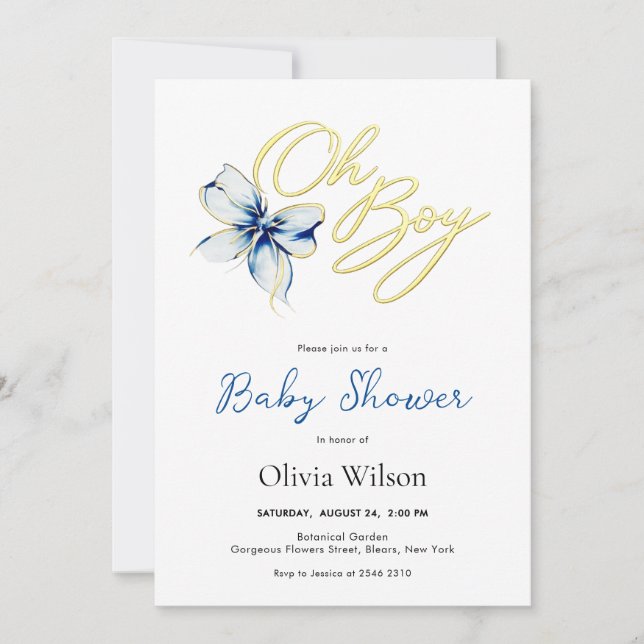 Blue & Gold “Oh Boy” Floral Typography Baby Shower Einladung (Vorderseite)