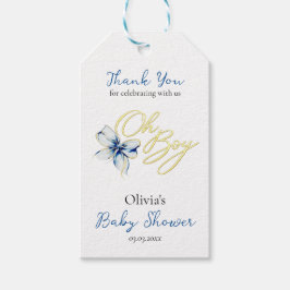 Blue & Gold “Oh Boy” Floral Typography Baby Shower Geschenkanhänger