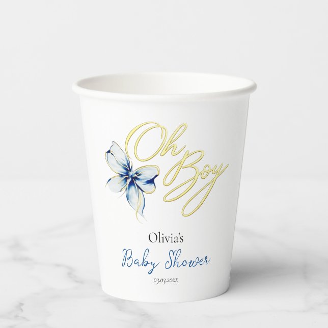 Blue & Gold “Oh Boy” Floral Typography Baby Shower Pappbecher (Rückseite)