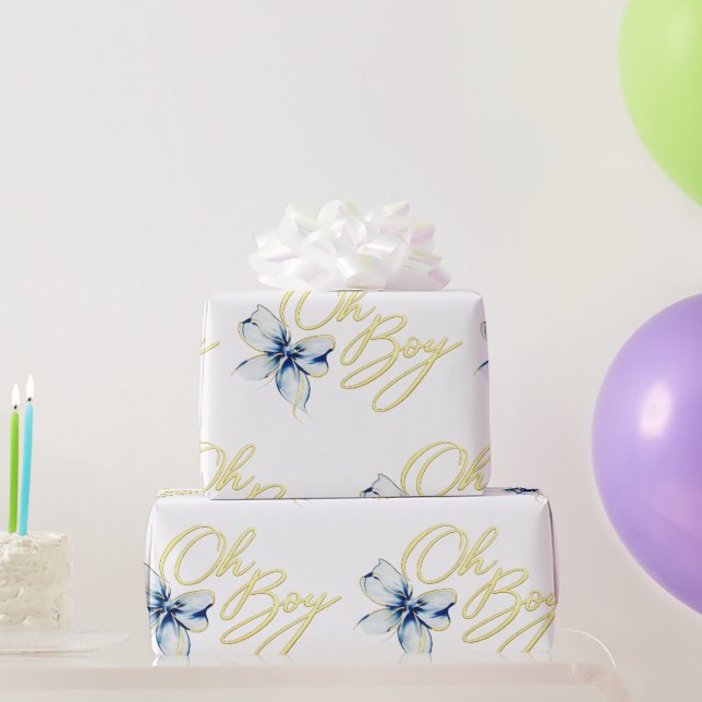 Blue & Gold “Oh Boy” Gold Typography Baby Shower Geschenkpapier (Partygeschenke)