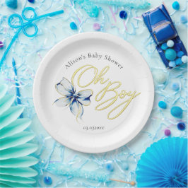 Blue & Gold “Oh Boy” Gold Typography Baby Shower Pappteller