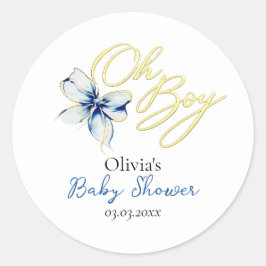 Blue & Gold “Oh Boy” Gold Typography Baby Shower Runder Aufkleber