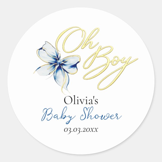 Blue & Gold “Oh Boy” Gold Typography Baby Shower Runder Aufkleber (Vorderseite)
