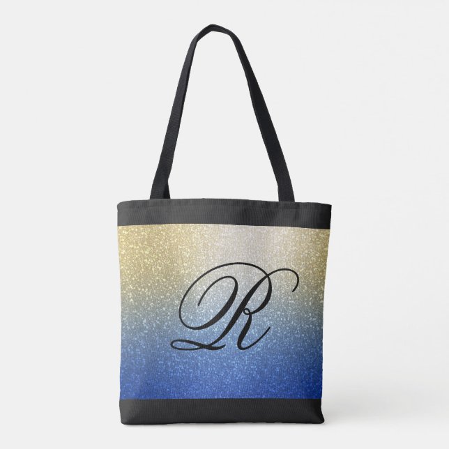 Blue Gold Ombre Glitzer Design mit Monogram (Rückseite)