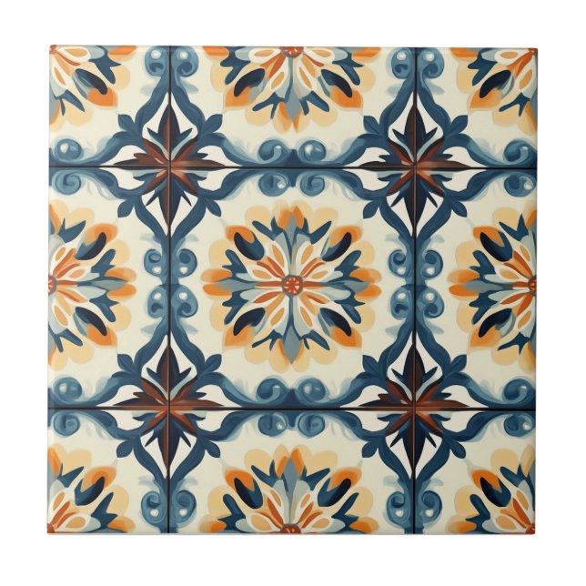 Blue Gold Orange and Brown Pattern Ceramic Tile Fliese (Vorderseite)