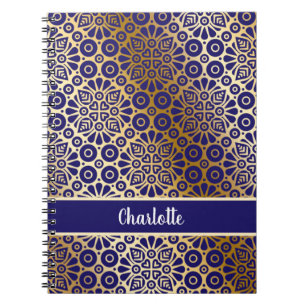 Blue gold oriental pattern script monogram notizblock