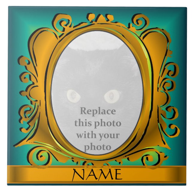 Blue Gold Oval Foto Rahmen mit Name Tile Fliese (Vorderseite)