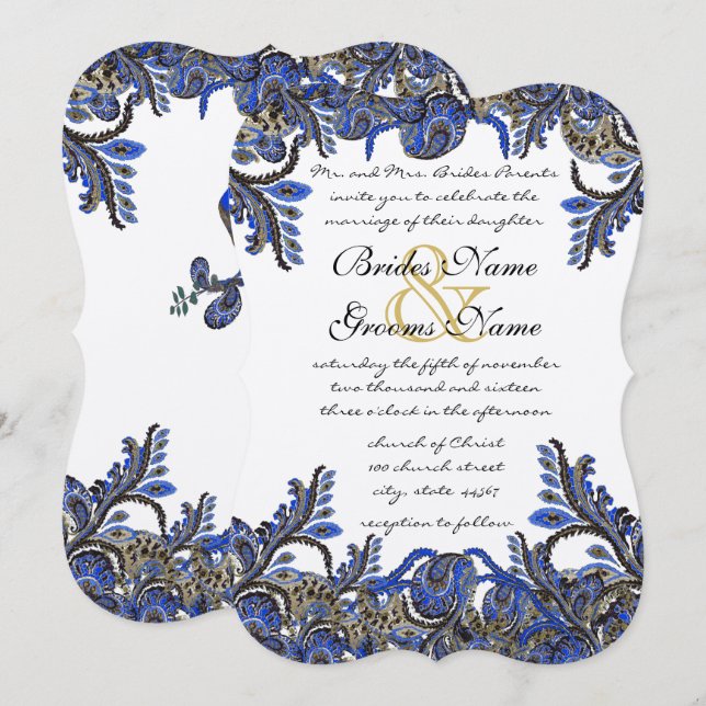 Blue & Gold Paisley Damask Einladung (Vorne/Hinten)
