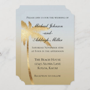 Blue Gold Palm Tree Ombre Wedding Einladung