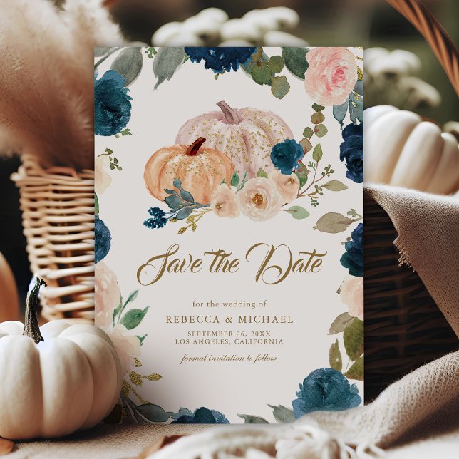 Blue Gold Peach Floral Pumpkin Hochzeit Save The Date (Von Creator hochgeladen)