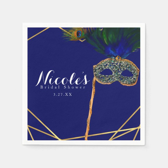 Blue & Gold Peacock Masquerade Custom Party Serviette (Vorderseite)