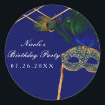 Blue & Gold Peacock Masquerade Party Custom Gevor Runder Aufkleber<br><div class="desc">Blue & Gold Pfauenmasquerade Party Custom Gunst Sticker. Anpassen mit jedem gewollt Text.</div>
