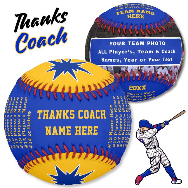 Blue Gold Personalisiert Foto Baseball Ball, Coach (Unique gifts for baseball coaches. Gift ideas for little league baseball coaches. Blue Baseball Ball)
