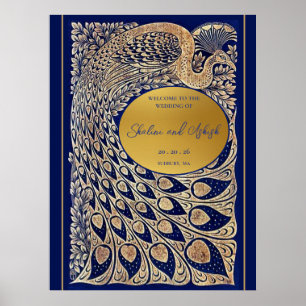 Blue Gold Pfau Jugendstil Hochzeit Willkommen Poster