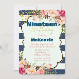 Blue Gold Pink Peony Girl 19. Geburtstagsparty Einladung