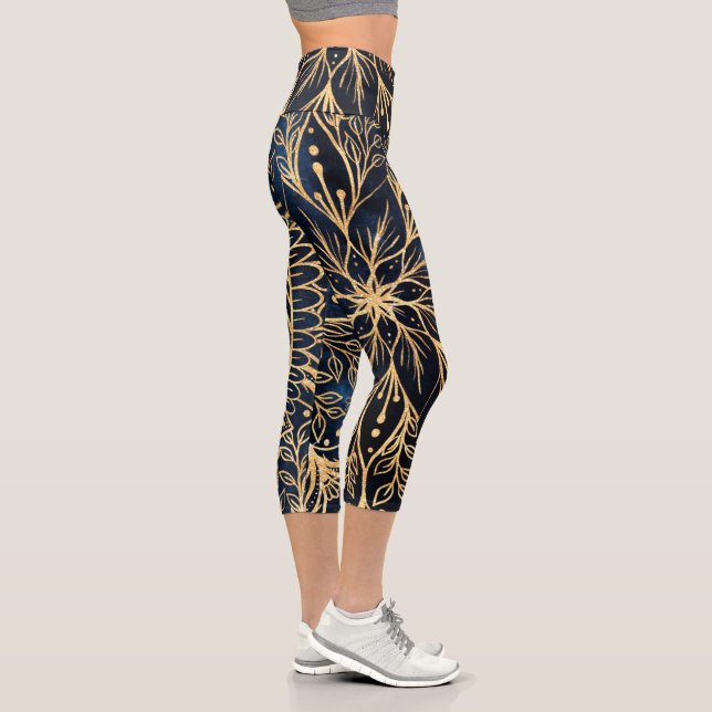 Blue Gold Poinsettia Blume Mandala Capri Leggings (Rechts)