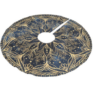 Blue Gold Poinsettia Blume Mandala Polyester Weihnachtsbaumdecke