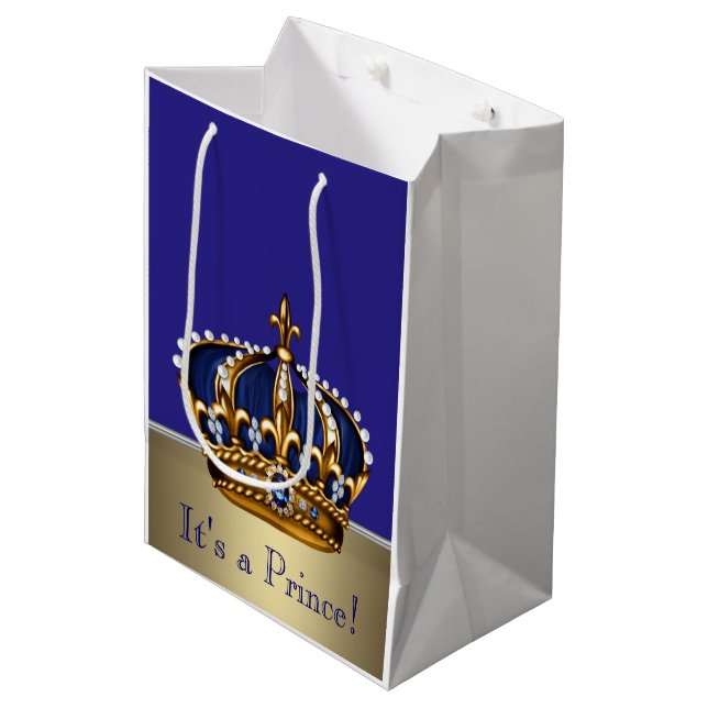 Blue Gold Prince Baby Dusche Mittlere Geschenktüte (Vorderseite Schrägansicht)