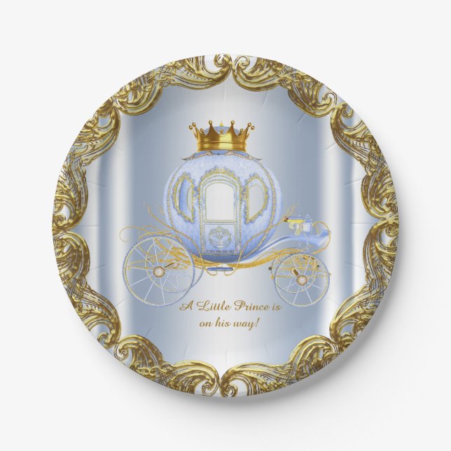 Blue Gold Prince Royal Carriage Prince Baby Dusche Pappteller (Vorderseite)