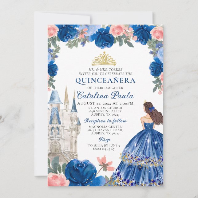 Blue Gold Princess Burg Quinceañera Einladung (Vorderseite)
