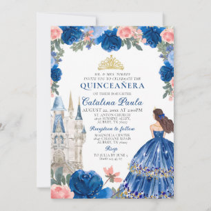 Blue Gold Princess Burg Quinceañera Einladung