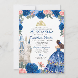 Blue Gold Princess Burg Quinceañera Einladung